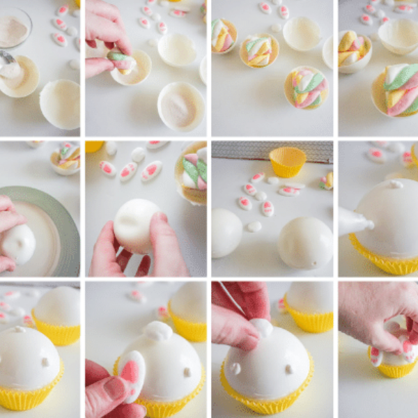 photo collage of how to make easter bunny hot cocoa bombs