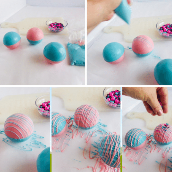photo collage of how to decorate cotton candy hot cocoa bombs