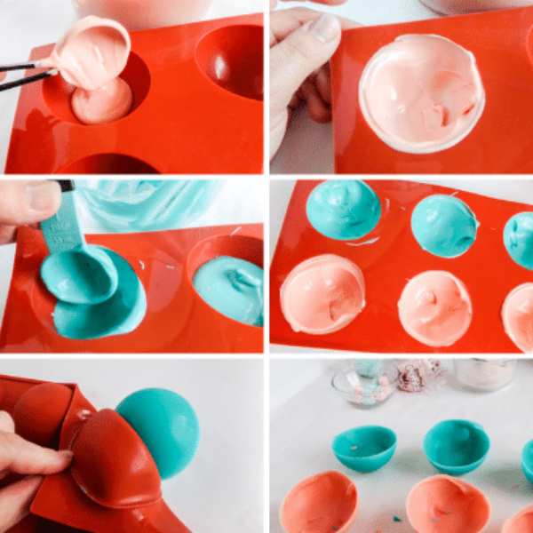 photo collage to make chocolate shells for hot cocoa bombs with cotton candy