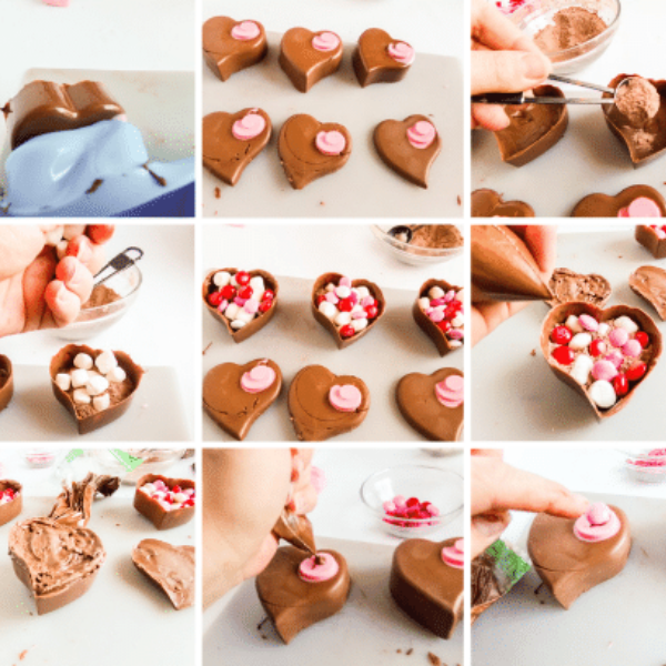 photo collage of how to make heart shaped hot cocoa bombs