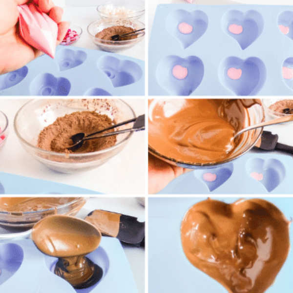 photo collage of hot cocoa bombs for valentines