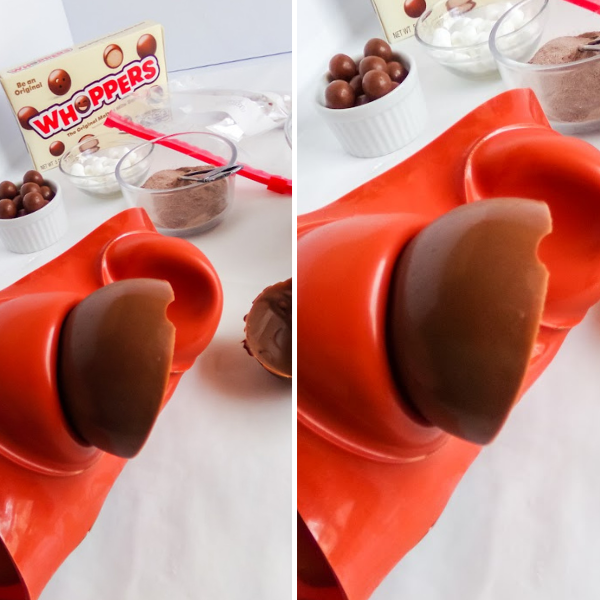 photo collage of how to remove hot cocoa bomb shells from the mold