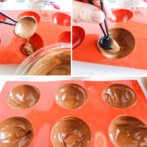 photo collage of making chocolate shells for whoppers hot chocolate bombs