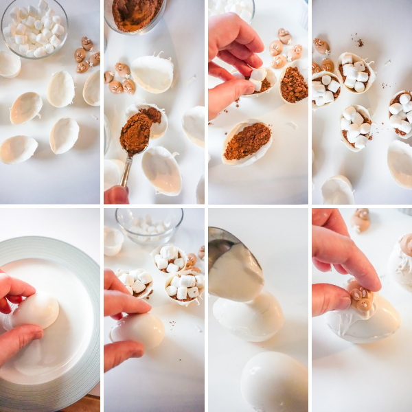 photo collage of how to fill and decorate hot cocoa bombs for an easter party