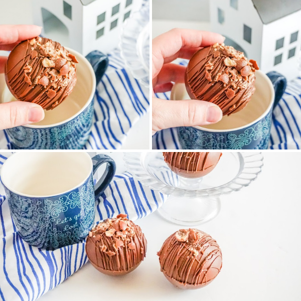 photo collage of candy topped hot cocoa bombs